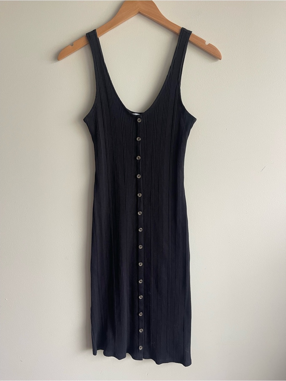 American Eagle Outfitters Black Ribbed Button-Front Tank Midi Dress
